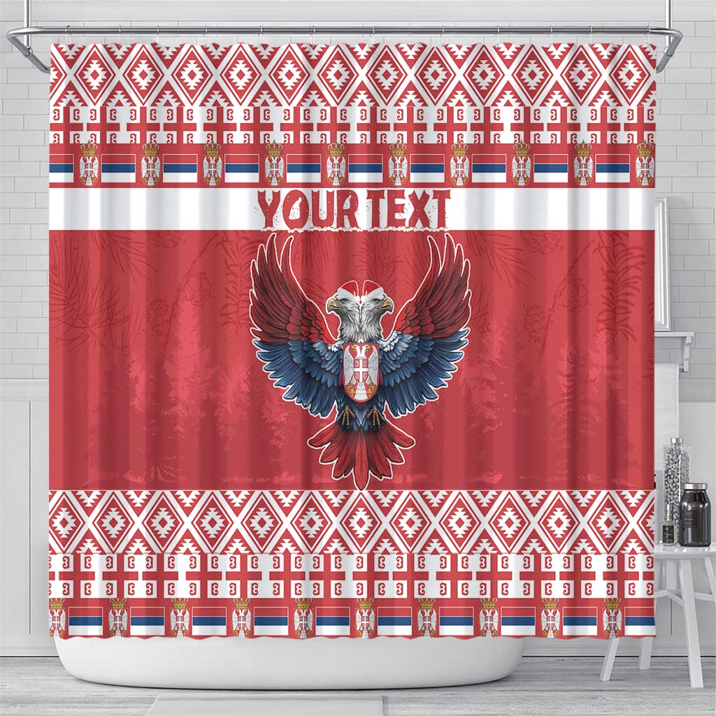 Red shower curtain front view with double-headed eagle emblem, patterned bands and YOUR TEXT