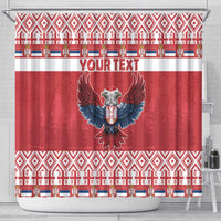 Red shower curtain front view with double-headed eagle emblem, patterned bands and YOUR TEXT