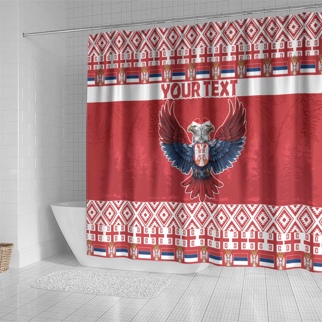 Red shower curtain with double-headed eagle emblem, bold stripe band and festive border