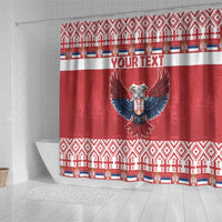 Red shower curtain with double-headed eagle emblem, bold stripe band and festive border