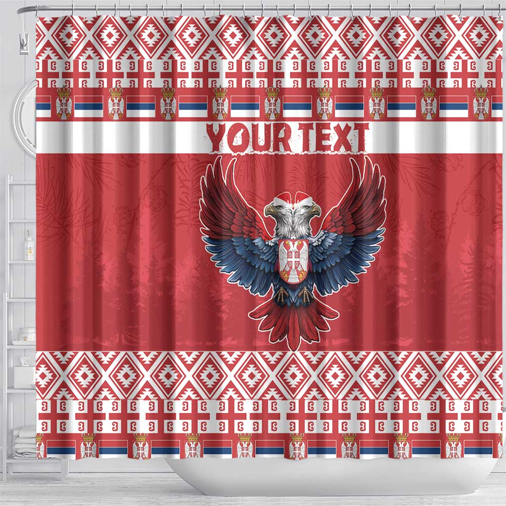 Red shower curtain close view with double-headed eagle emblem, YOUR TEXT stripe and borders