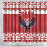 Red shower curtain close view with double-headed eagle emblem, YOUR TEXT stripe and borders