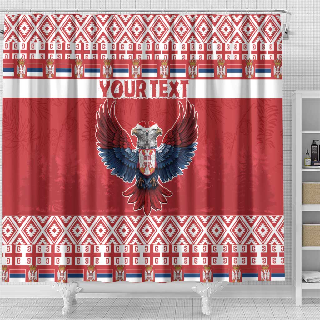 Red shower curtain with double-headed eagle emblem, patterned hem border and YOUR TEXT