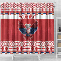 Red shower curtain with double-headed eagle emblem, patterned hem border and YOUR TEXT