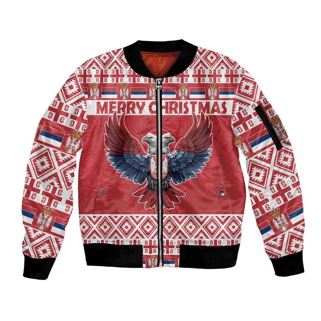 Red zip-up bomber jacket with bold eagle graphic, patterned sleeves, ribbed cuffs and hem