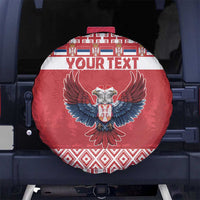Red spare tire cover with double-headed eagle emblem and 'YOUR TEXT' header, winter pattern trim