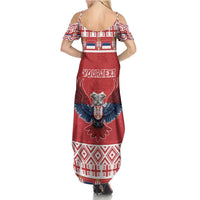 Red off-shoulder maxi dress with eagle wings and custom text panel on back