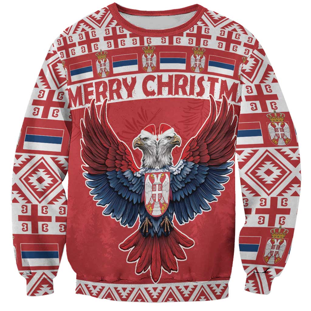 Unisex red Christmas sweatshirt with eagle graphic and patterned stripes across front