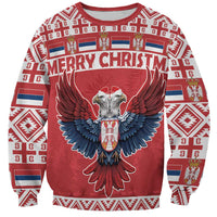 Unisex red Christmas sweatshirt with eagle graphic and patterned stripes across front