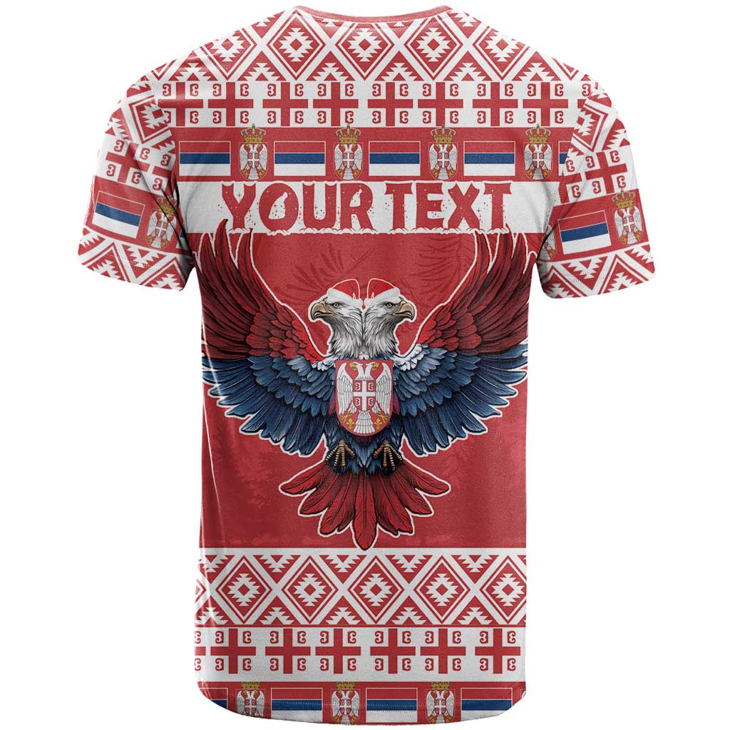 Red Christmas T-shirt with double-headed eagle graphic and placeholder text across the chest