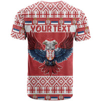 Red Christmas T-shirt with double-headed eagle graphic and placeholder text across the chest