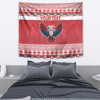 Red Christmas tapestry featuring eagle emblem and 'YOUR TEXT' banner over festive border