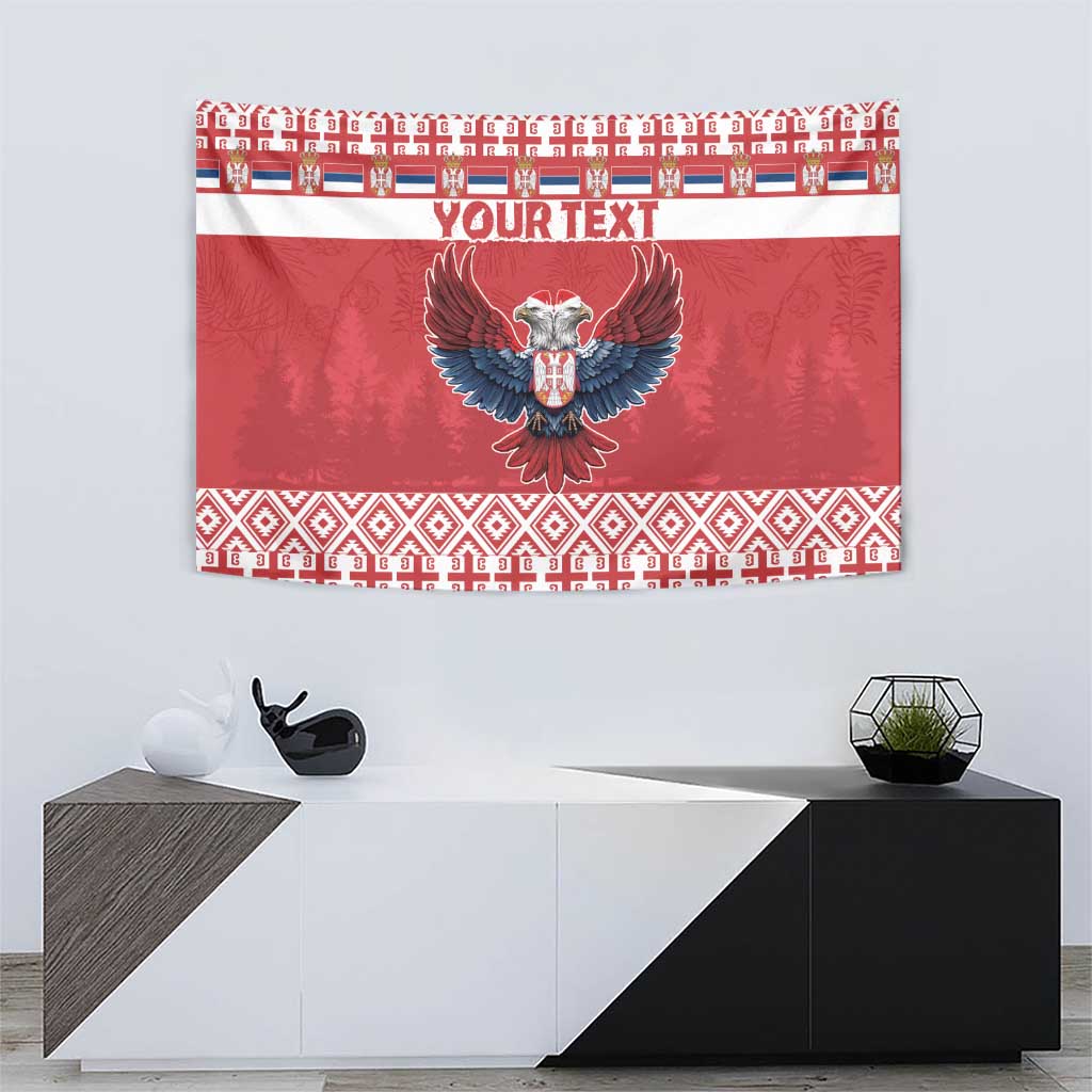 Red Christmas tapestry with central eagle emblem, 'YOUR TEXT' banner, and patterned trim