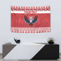 Red Christmas tapestry with central eagle emblem, 'YOUR TEXT' banner, and patterned trim