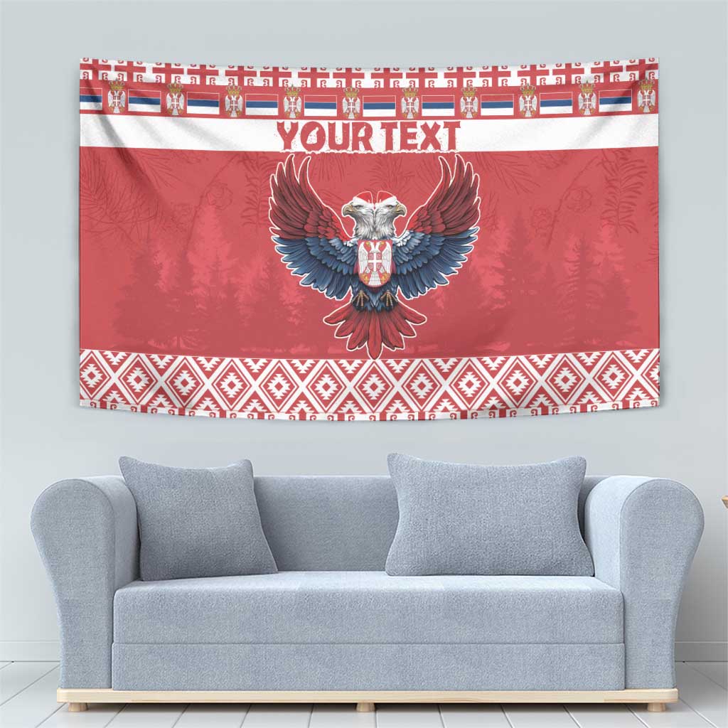 Red Christmas tapestry with eagle emblem on white stripe and geometric red border