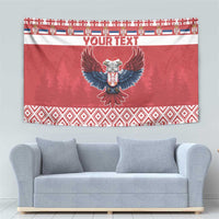 Red Christmas tapestry with eagle emblem on white stripe and geometric red border