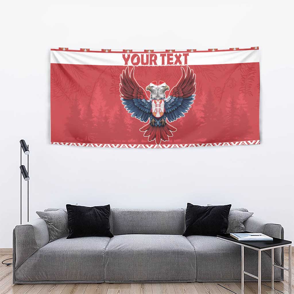 Red Christmas tapestry with eagle emblem and 'YOUR TEXT' banner, red geometric border