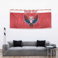 Red Christmas tapestry with eagle emblem and 'YOUR TEXT' banner, red geometric border