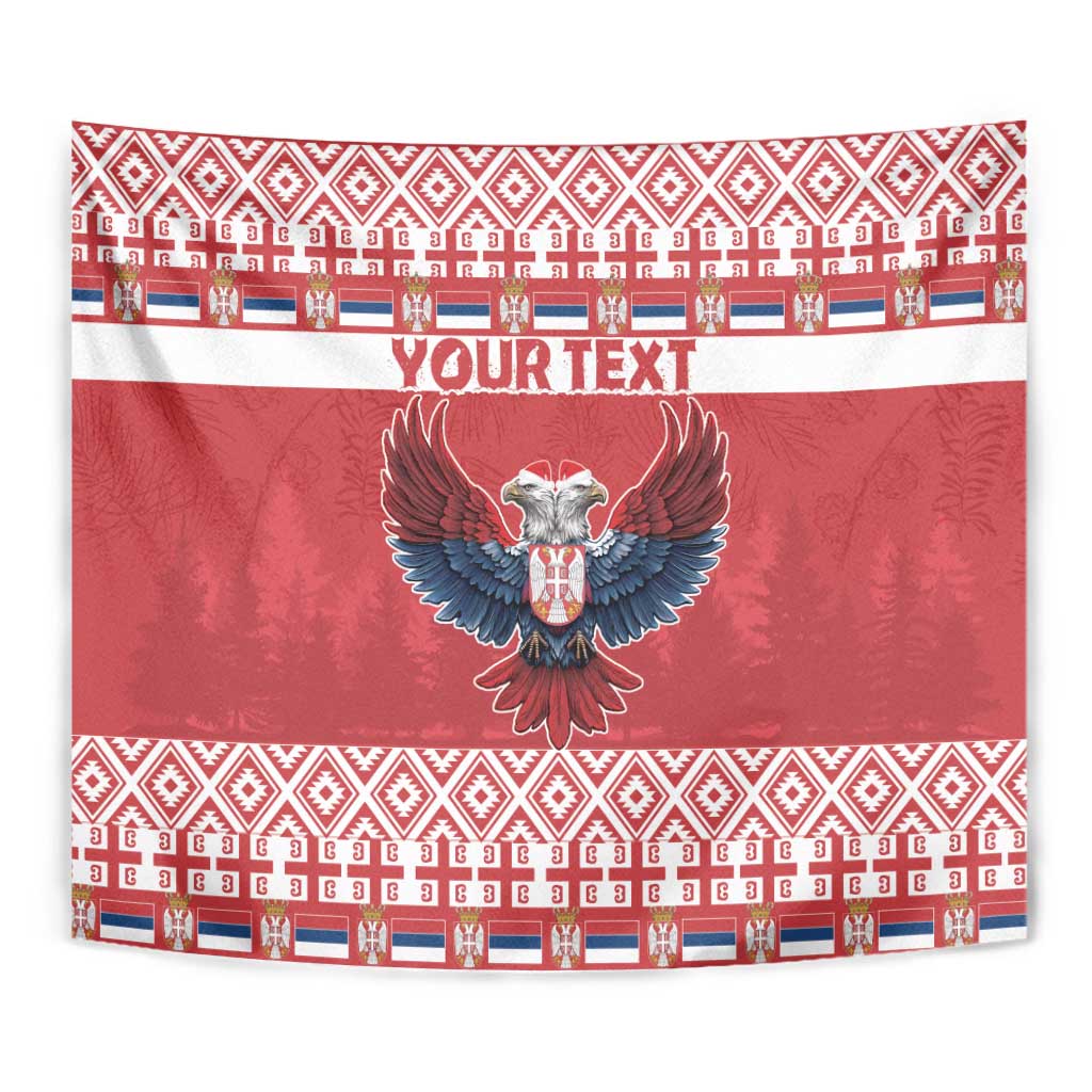 Red Christmas tapestry with central eagle emblem and repeating geometric motif border