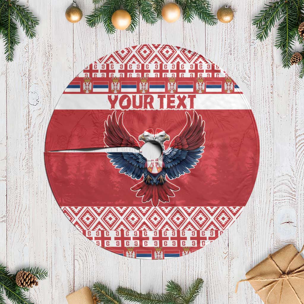 Red-and-white round Christmas tree skirt with eagle graphic and "YOUR TEXT" panel