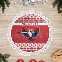 Red round Christmas tree skirt with eagle graphic and "YOUR TEXT" center, white fringe