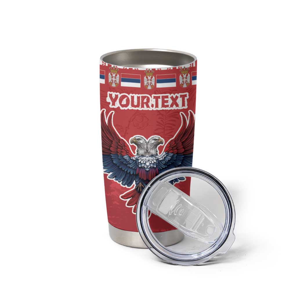 Red Christmas tumbler with eagle graphic, YOURTEXT, open clear lid, stainless base