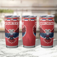 Set of red Christmas tumblers with eagle graphic, YOURTEXT and Merry Christmas, clear lids