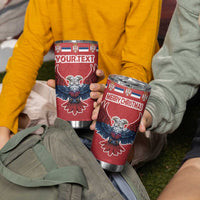 Two red Christmas tumblers held in hands, eagle graphic, YOURTEXT and Merry Christmas, clear lids