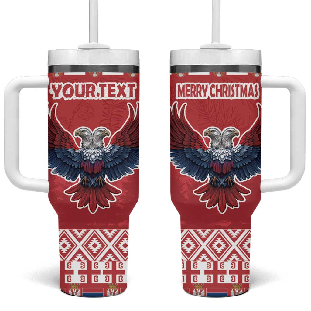 Red Christmas tumbler with handle, double-headed eagle and 'YOURTEXT' print