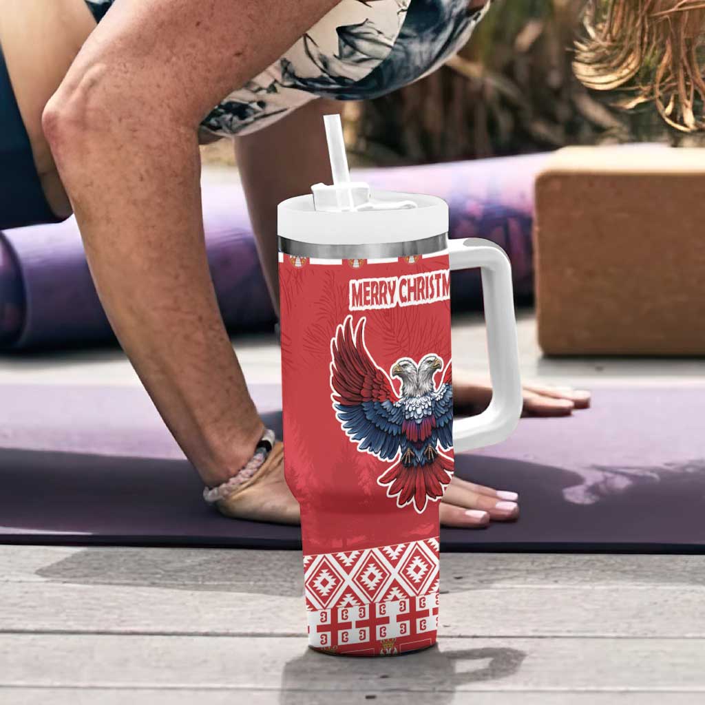 Red Christmas tumbler with handle, double-headed eagle graphic and 'MERRY CHRISTMAS'
