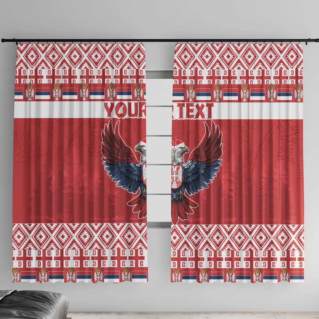 Red window curtain pair with double-headed eagle graphic and geometric border trim
