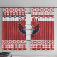 Red window curtain pair with double-headed eagle graphic and geometric border trim