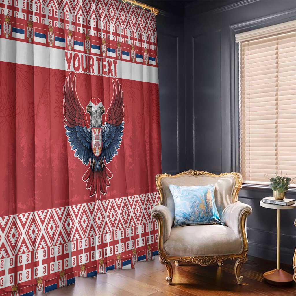 Red window curtain panel with double-headed eagle graphic and patterned band at top