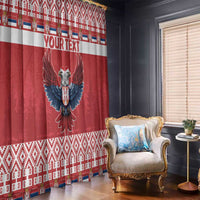 Red window curtain panel with double-headed eagle graphic and patterned band at top