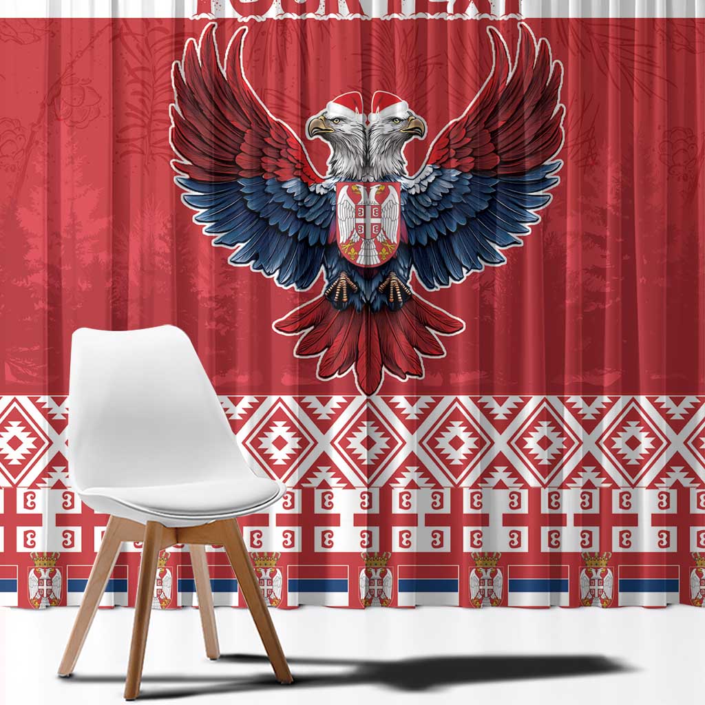 Red curtain with large double-headed eagle emblem and decorative border strip at bottom