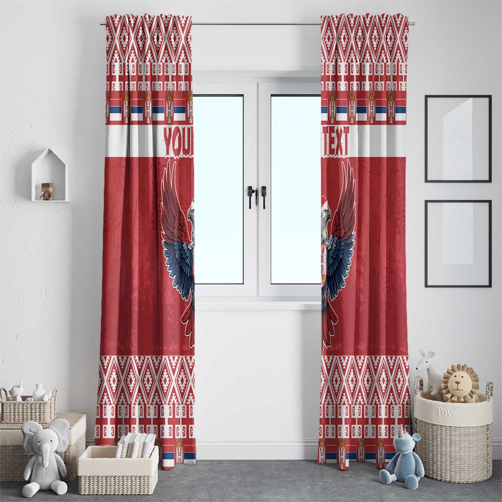 Red window curtain pair with double-headed eagle graphic and repeating geometric top band