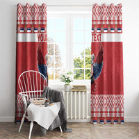 Red curtain panels with double-headed eagle motif and repeating geometric trim band
