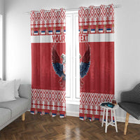 Red window curtain pair with double-headed eagle graphic and geometric border around edges