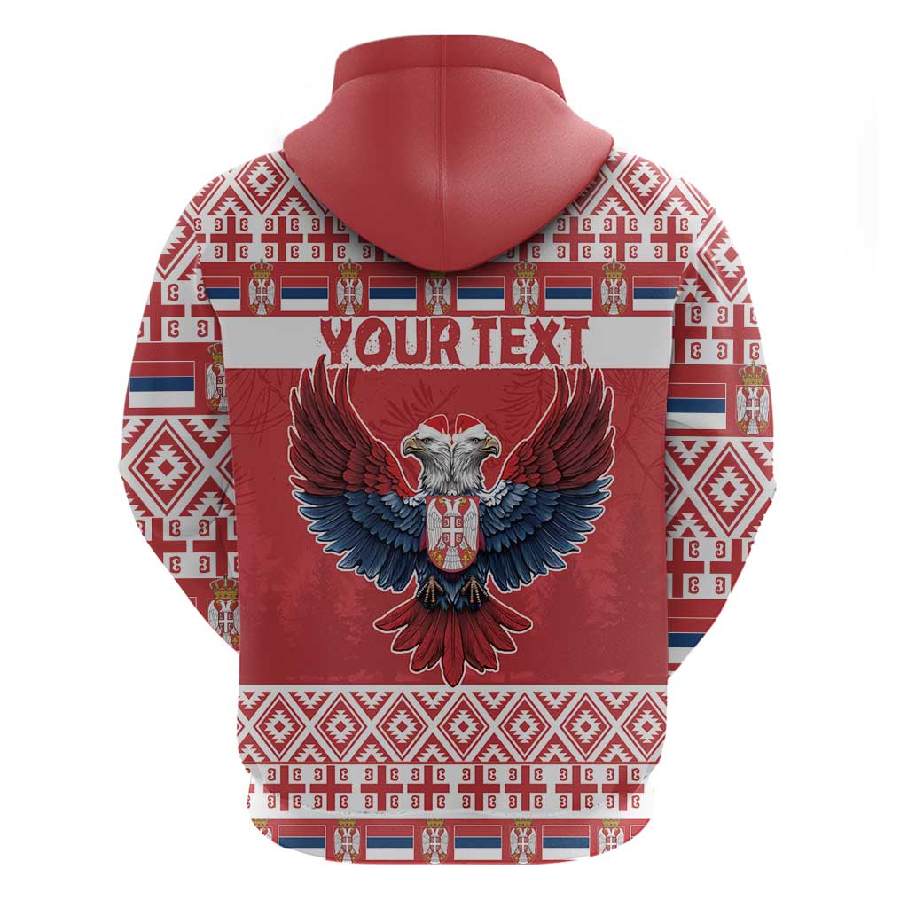 Red zip hoodie with hood, eagle graphic and 'YOUR TEXT' print; back view.