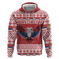 Red zip hoodie with hood, central eagle artwork and festive patterned panels; front.