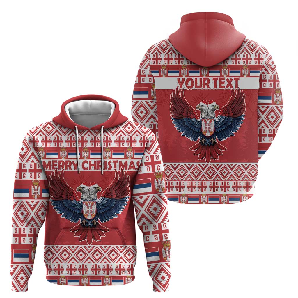 Two red zip hoodies with hoods, eagle graphics and Christmas patterns; one shows 'YOUR TEXT'.