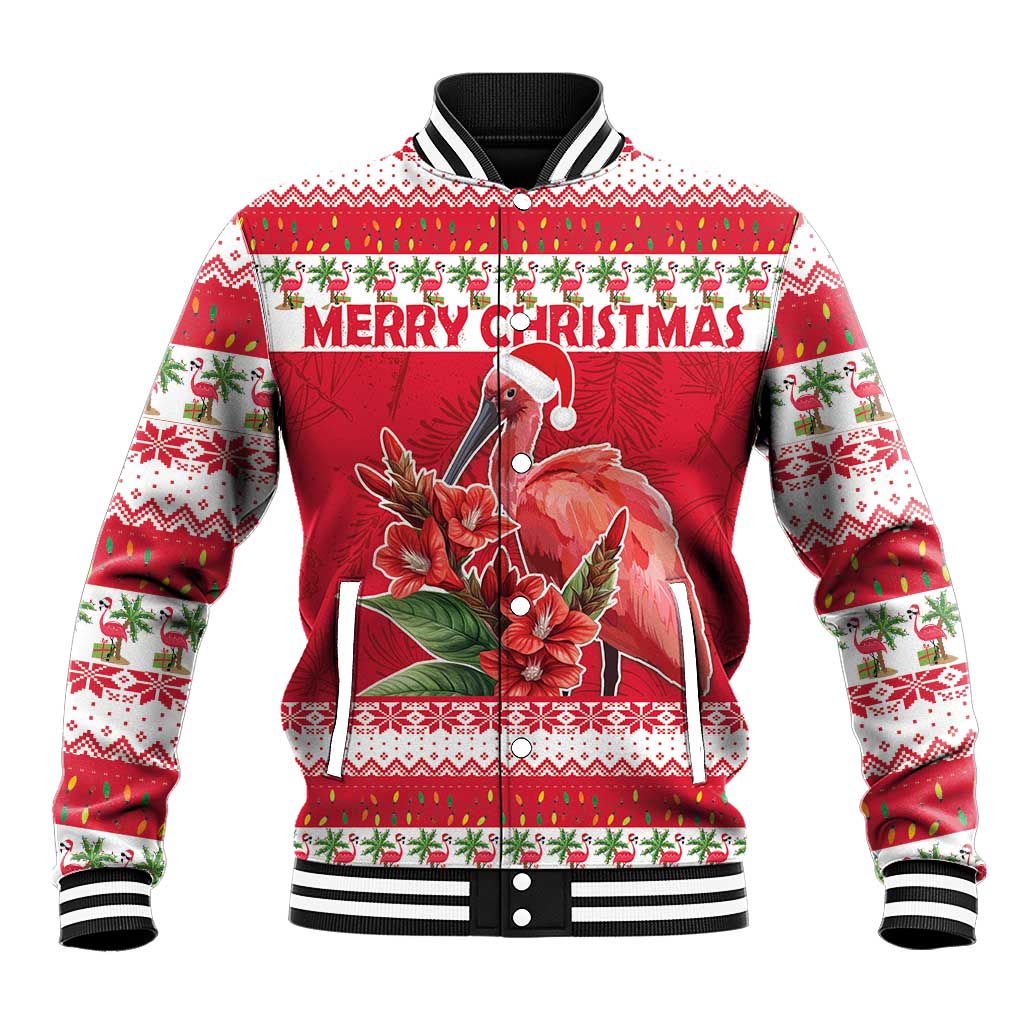 Red and white Christmas baseball jacket with floral bird graphic, striped rib trim, snap buttons