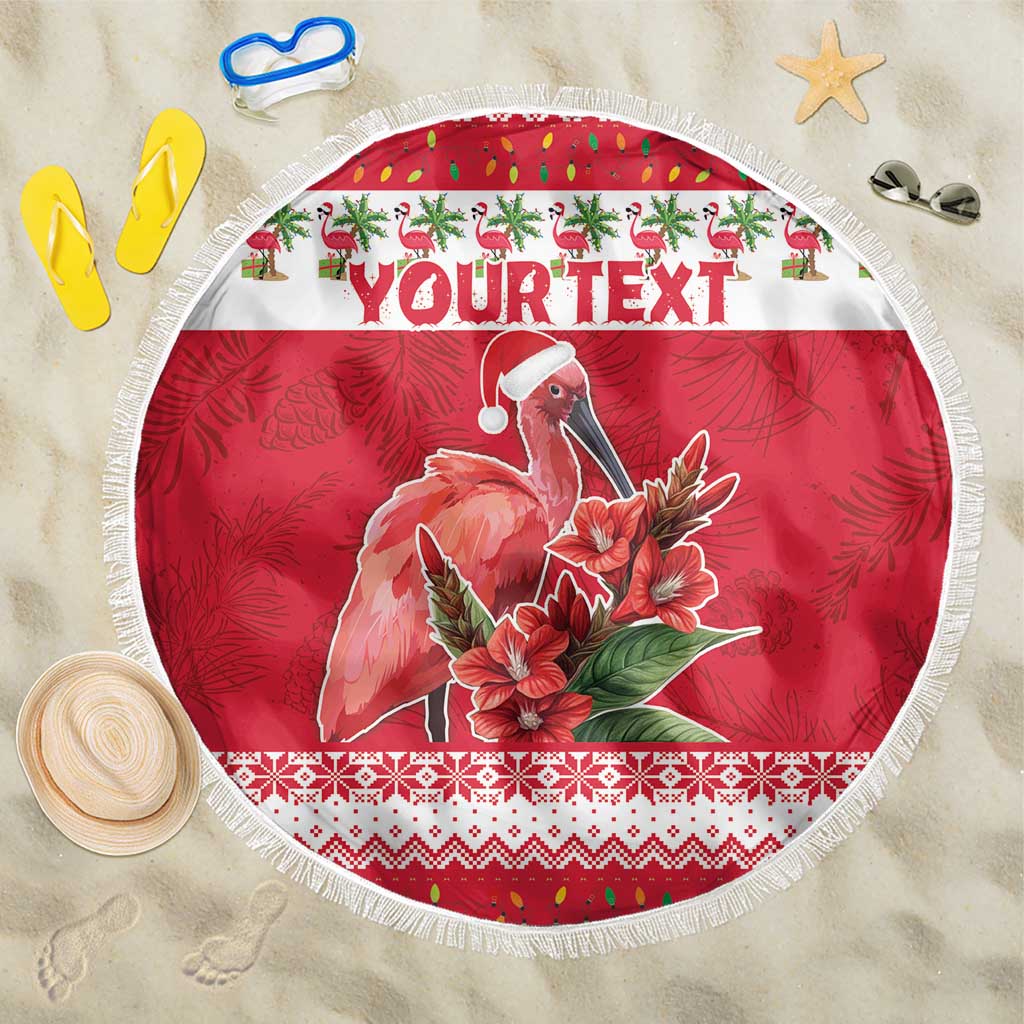 Red round beach blanket, white fringe, central parrot and flower graphic with YOURTEXT banner
