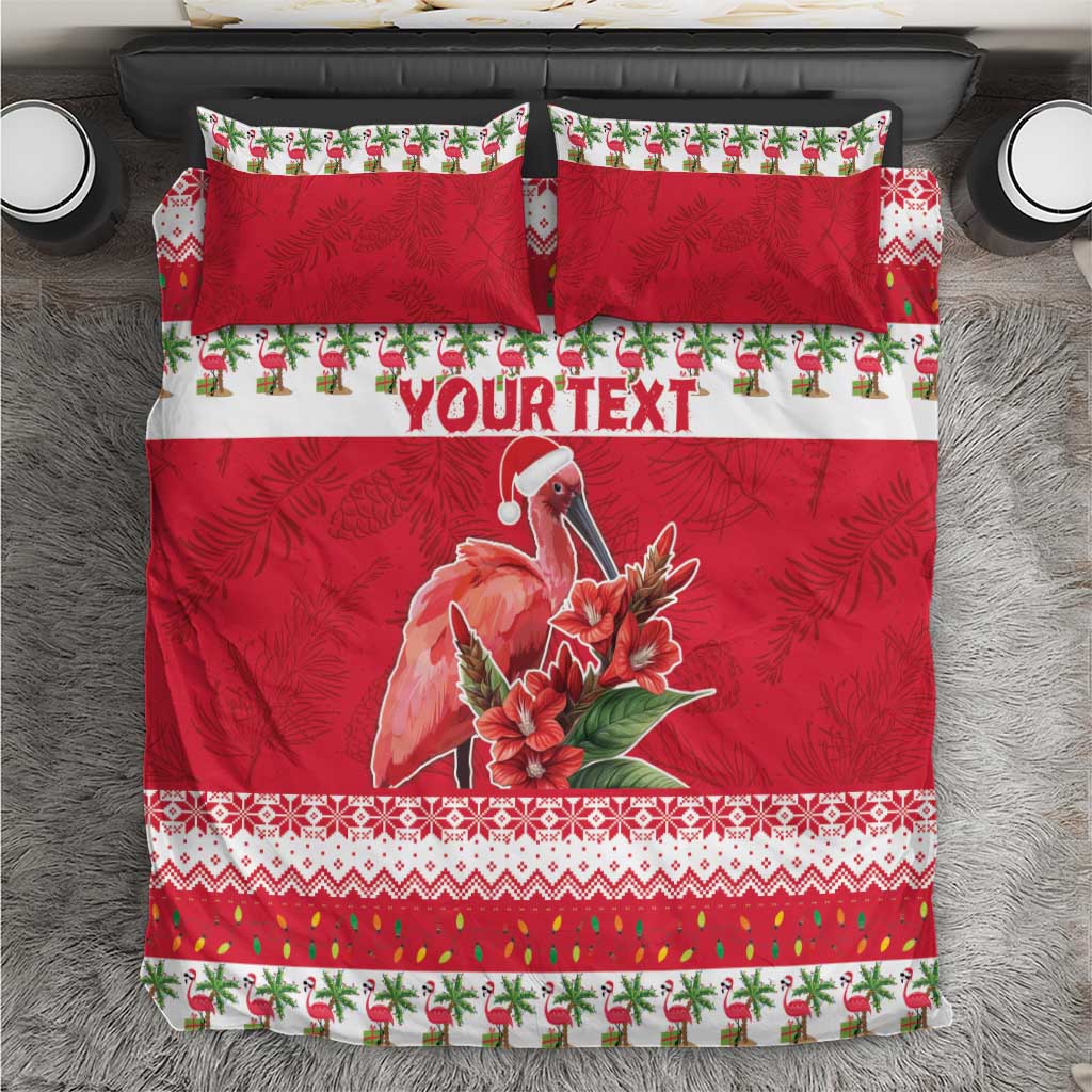 Red Christmas bedding set with matching pillowcases, floral bird center, and “YOURTEXT” strip