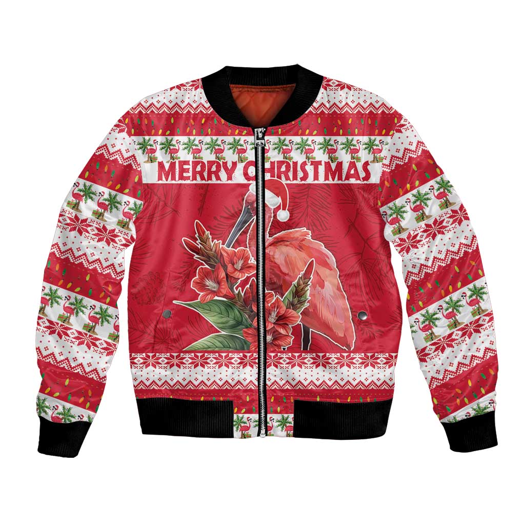 Red unisex bomber jacket with zipper, Merry Christmas text, floral bird graphic, black cuffs