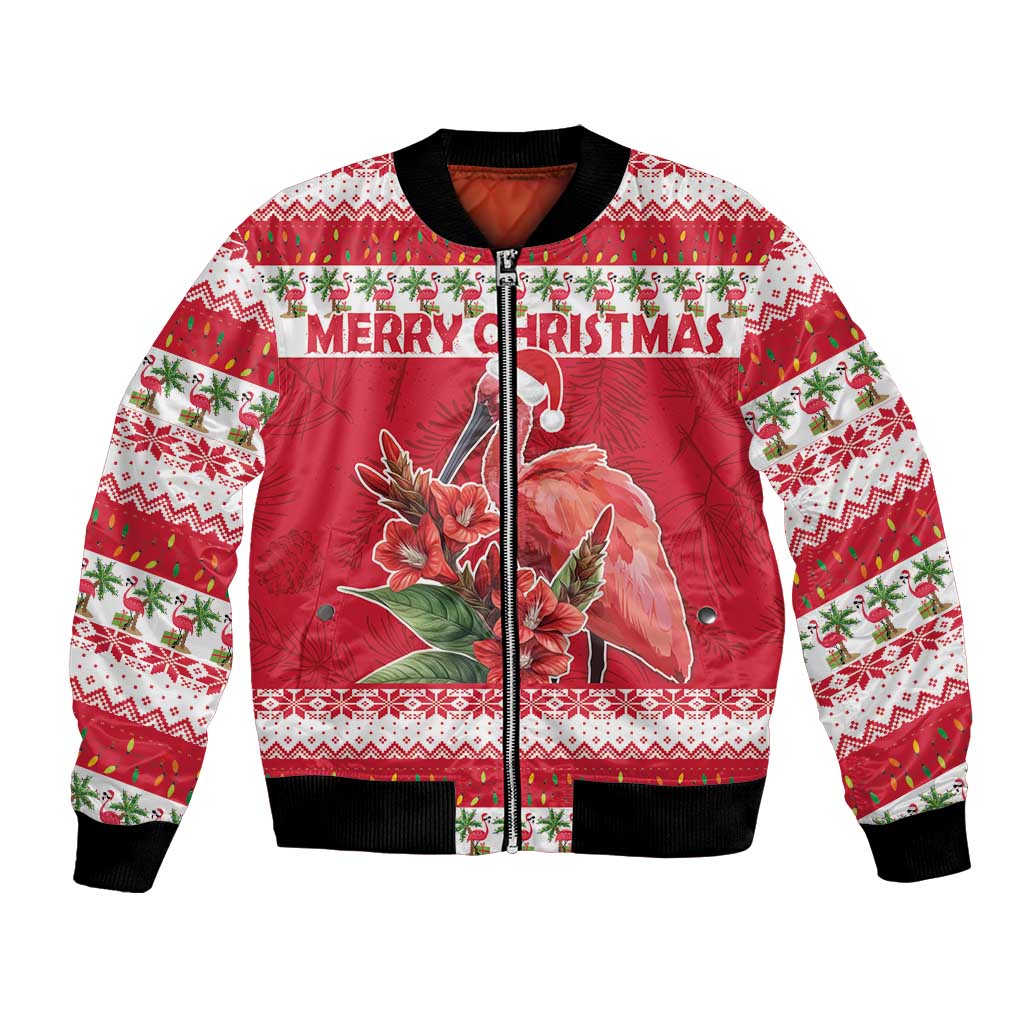 Personalized Trinidad and Tobago Christmas Bomber Jacket Scarlet Ibis with Chaconia Flowers - Wonder Print Shop