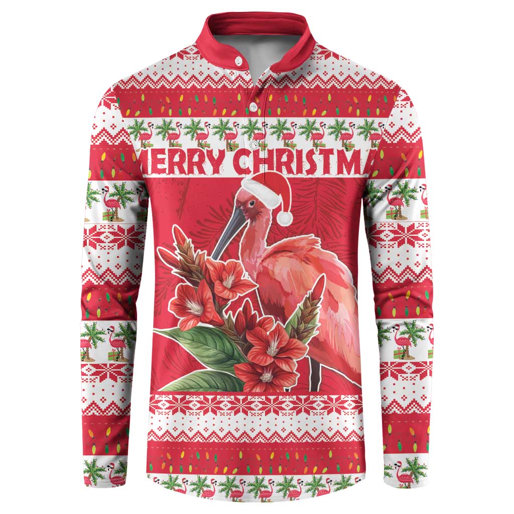 Red Christmas button sweatshirt with flamingo, flowers, and 'MERRY CHRISTMAS' print.