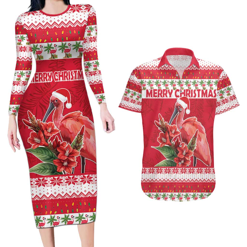 Personalized Trinidad and Tobago Christmas Couples Matching Long Sleeve Bodycon Dress and Hawaiian Shirt Scarlet Ibis with Chaconia Flowers - Wonder Print Shop