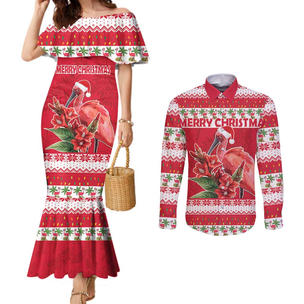 Personalized Trinidad and Tobago Christmas Couples Matching Mermaid Dress and Long Sleeve Button Shirt Scarlet Ibis with Chaconia Flowers