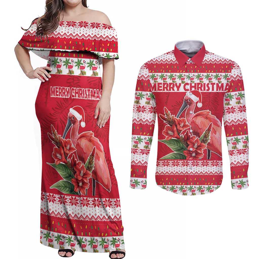 Personalized Trinidad and Tobago Christmas Couples Matching Off Shoulder Maxi Dress and Long Sleeve Button Shirt Scarlet Ibis with Chaconia Flowers - Wonder Print Shop